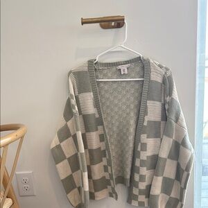 Sage Green Oversized Checkered Cardigan Sweater